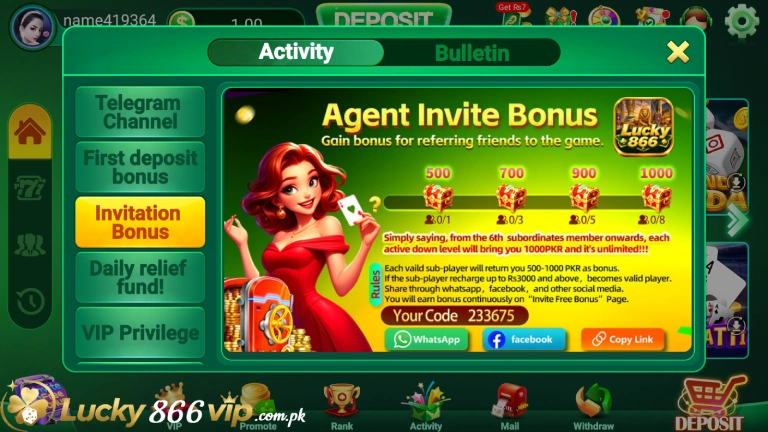Lucky866 Agent Invite Bonus page with referral milestones