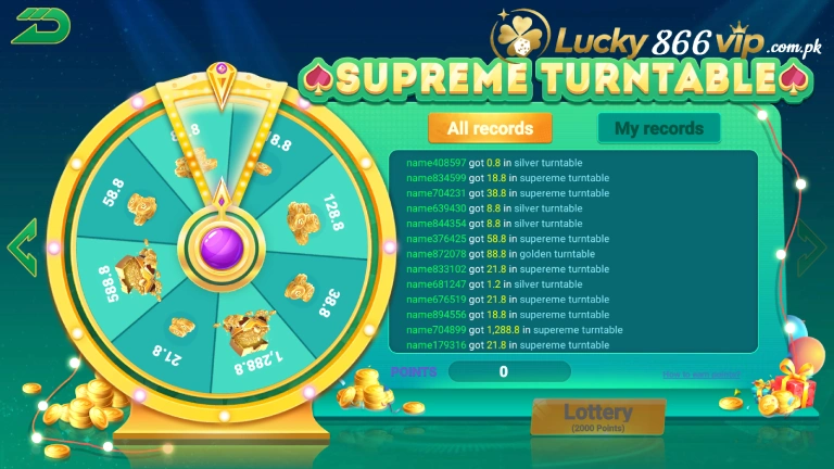 Lucky866 Supreme Turntable reward page with lottery points and prize records