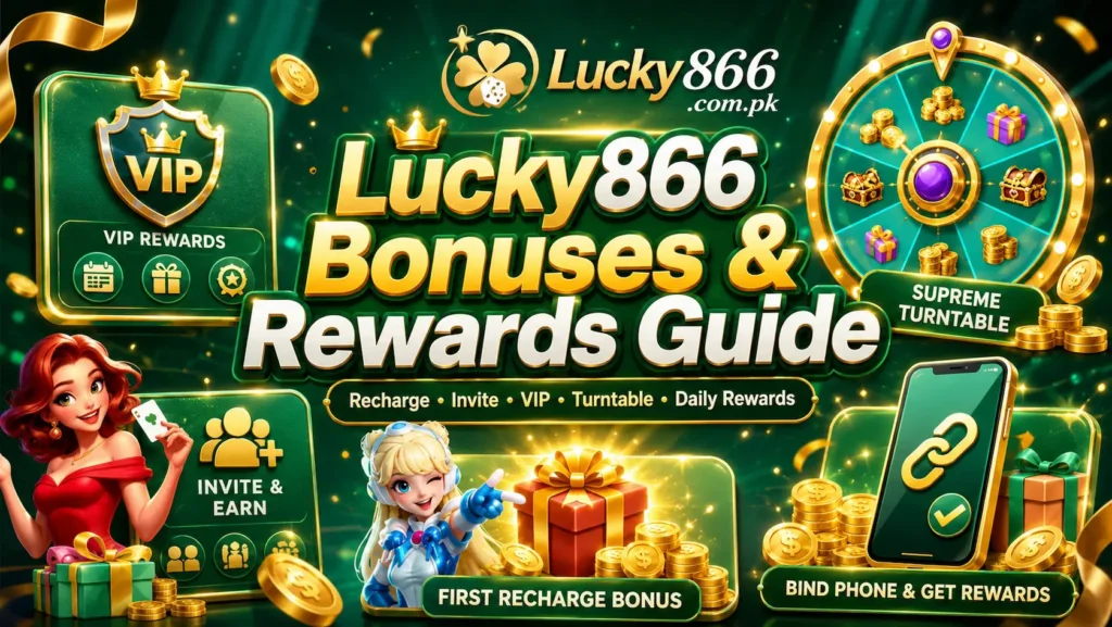 Lucky866 bonuses and rewards guide cover with VIP rewards, invite bonus, turntable, first recharge and phone binding rewards