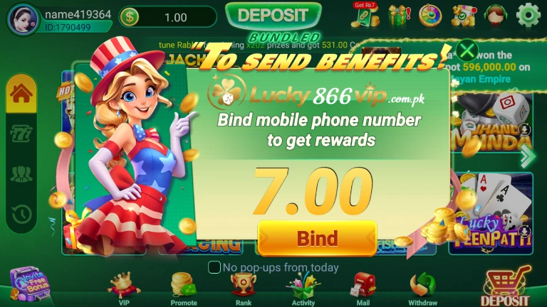 Lucky866 welcome bonus reward popup showing 7.00 reward for binding mobile number